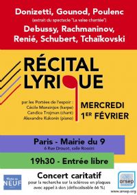 Récital lyrique : piano, harpe, chant contre la sclérose en plaques. Le mercredi 1er février 2017 à Paris09. Paris.  19H30